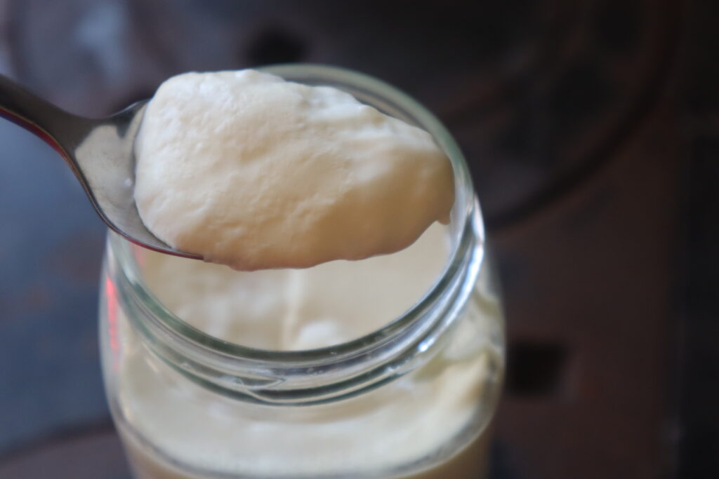 clabber culture on a spoon over a jar