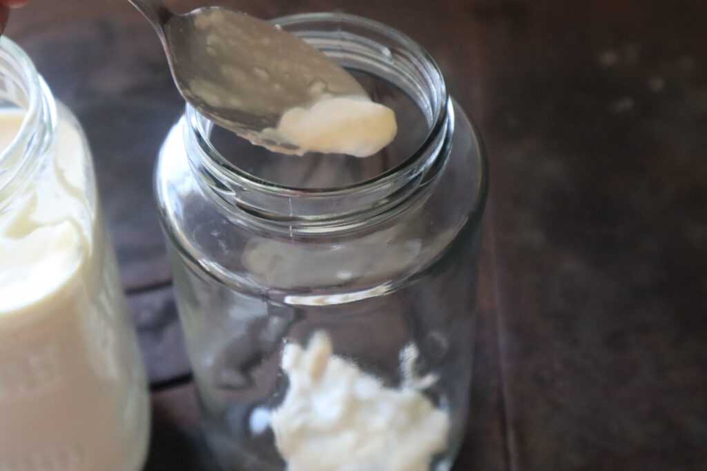 a spoon putting clabber culture into a jar
