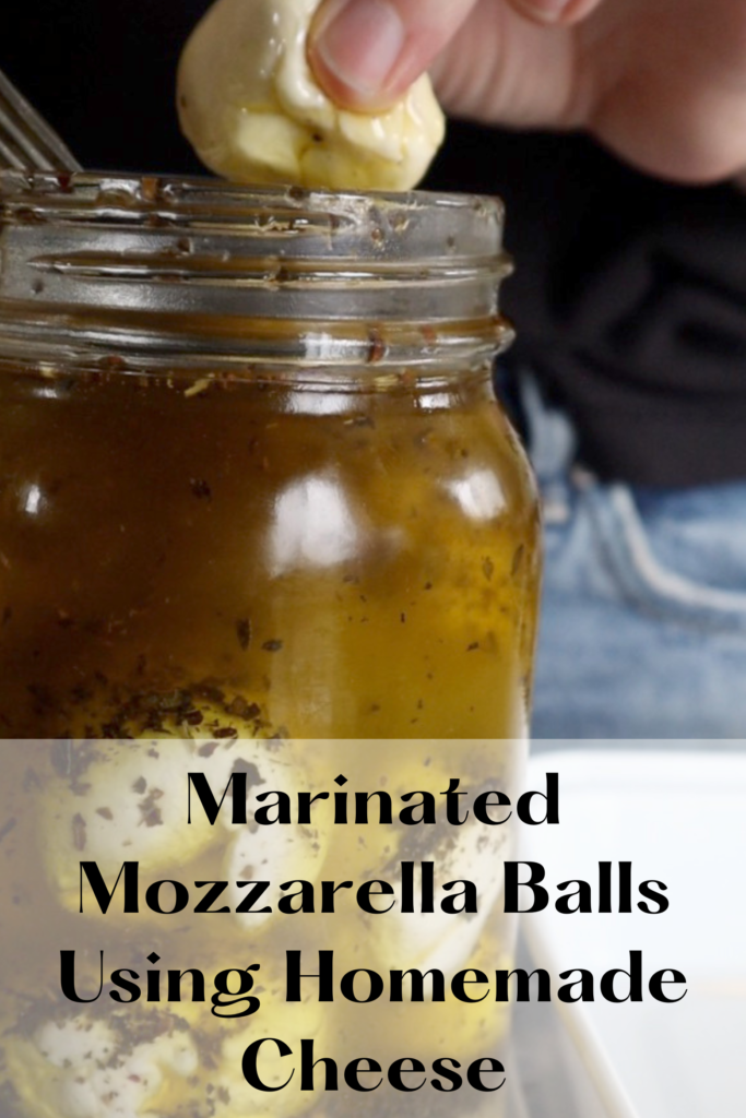 Graphic saying "marinated mozzarella balls using homemade cheese. 